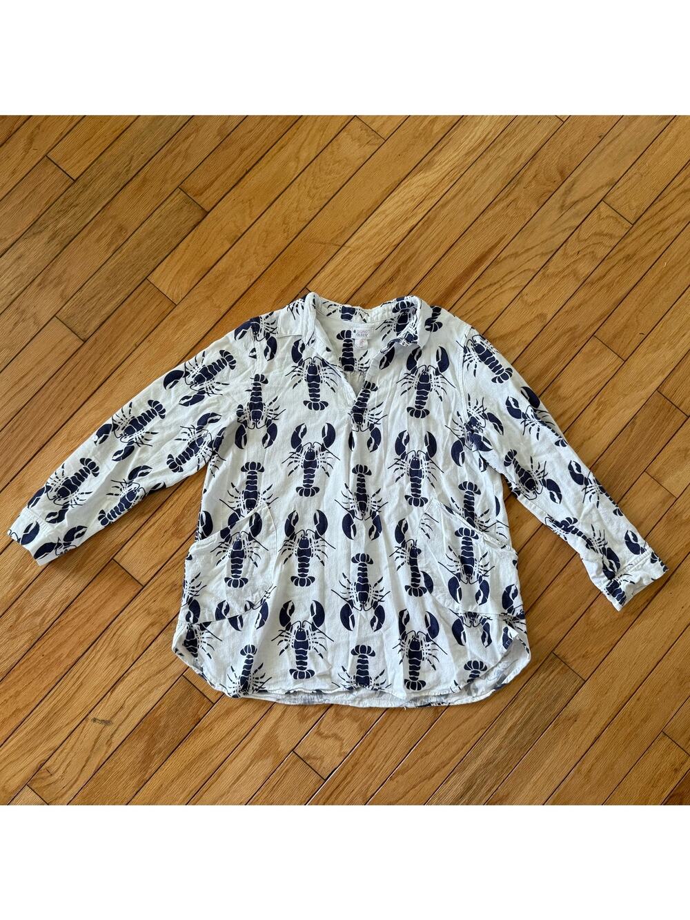 Sigrid Olsen Women’s Large Nautical Lobster Print Linen Navy White Blouse